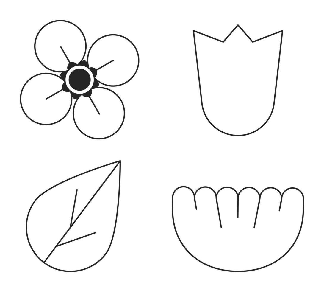 Motif floral botanical flat monochrome isolated vector objects set. Flower heads. Editable black and white line art drawings. Simple outline spot illustrations collection for web graphic design