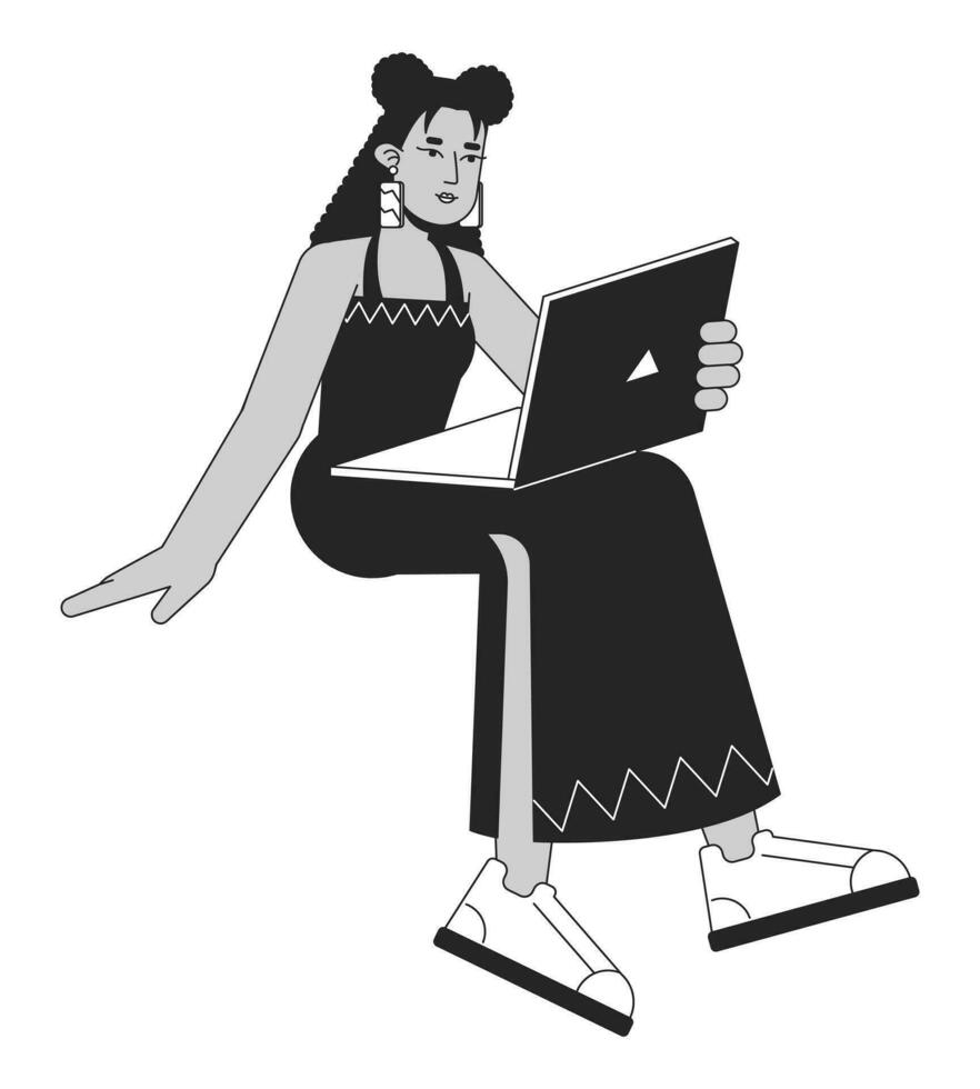 Attractive latina girl holding device flat line black white vector character. Editable outline full body girl sitting and working. Simple cartoon isolated spot illustration for web graphic design
