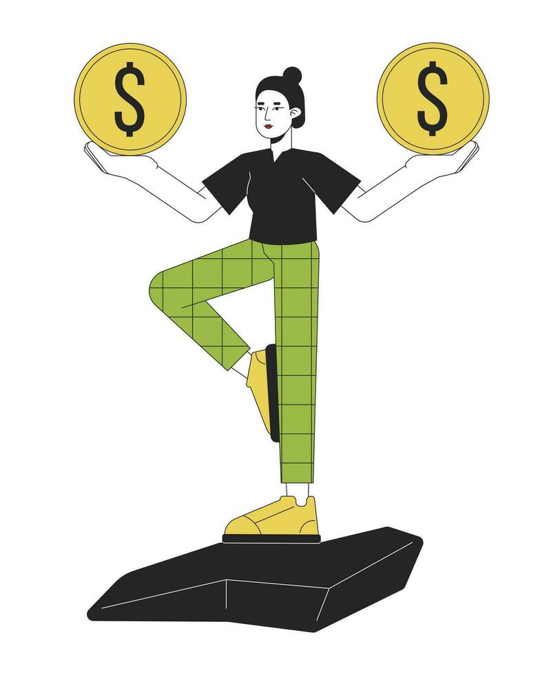 mujer equilibrio con monedas en manos plano línea color vector personaje. editable contorno lleno cuerpo mujer de negocios en pie en yoga actitud en blanco. sencillo dibujos animados Mancha ilustración para web gráfico diseño