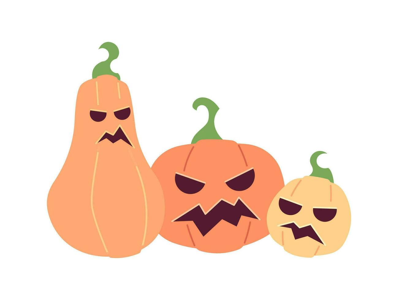 Víspera de Todos los Santos calabazas con tallado escalofriante caras semi plano color vector objeto. jack-o-lanterns día festivo. editable dibujos animados acortar Arte icono en blanco antecedentes. sencillo Mancha ilustración para web gráfico diseño