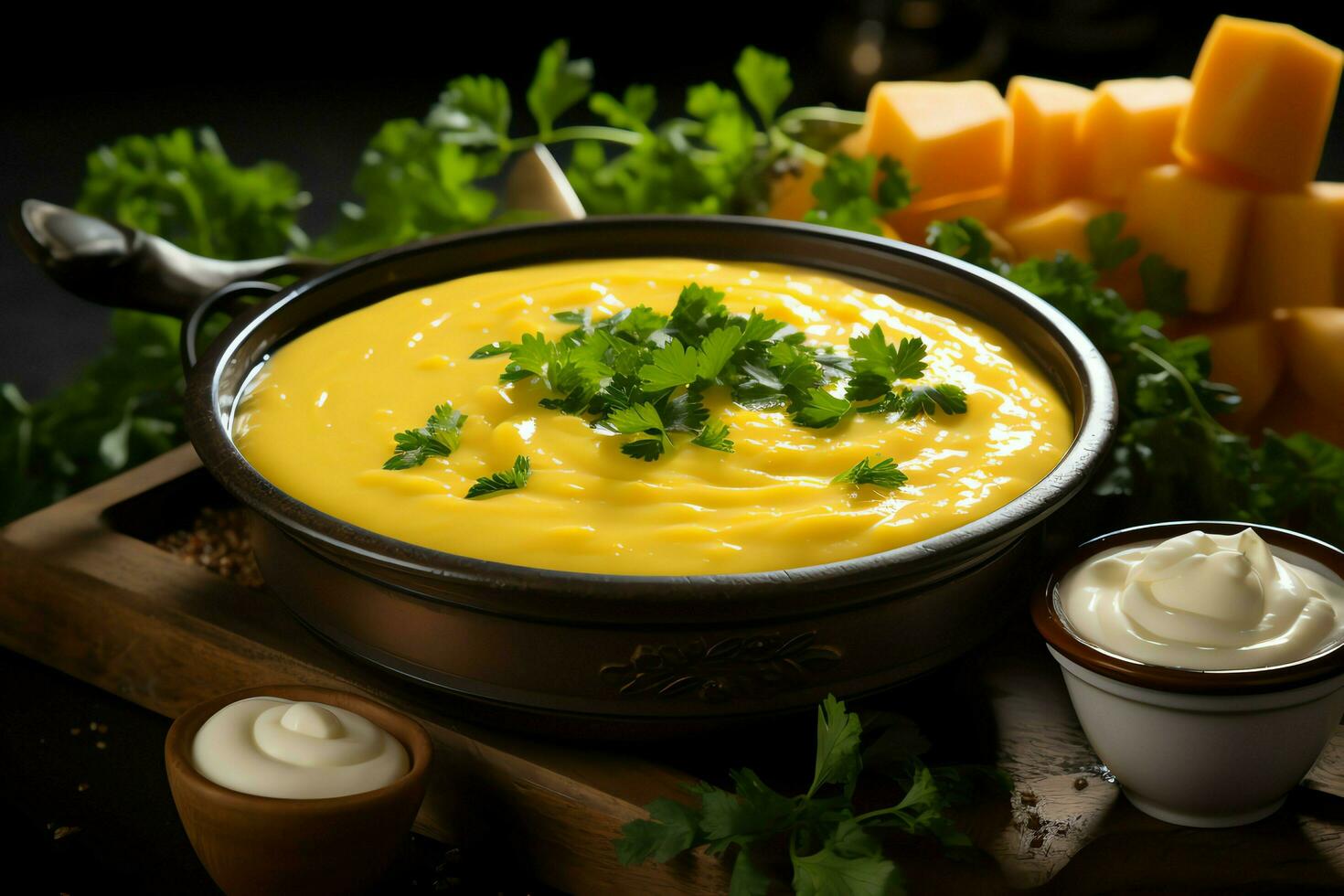 A delicious corn soup food with vegetables in a bowl. Winter food and high protein soup meal concept by AI Generated photo