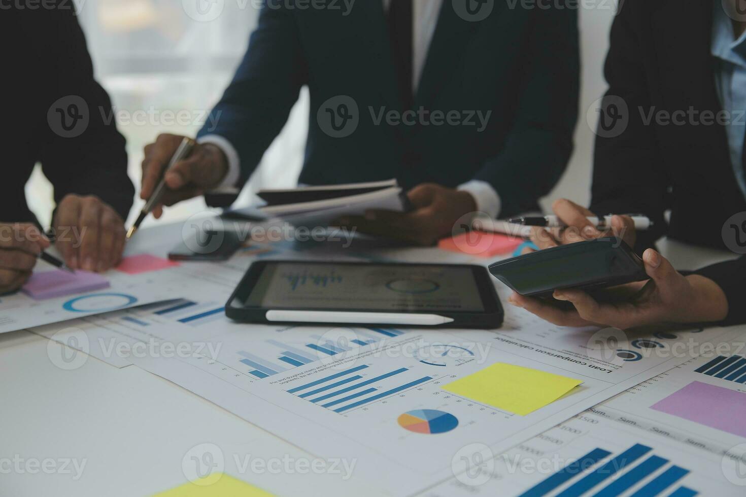 Entrepreneurs and business people conference in modern meeting room, happy multiracial coworkers have fun cooperating working together at office meeting, asian teamwork concept photo
