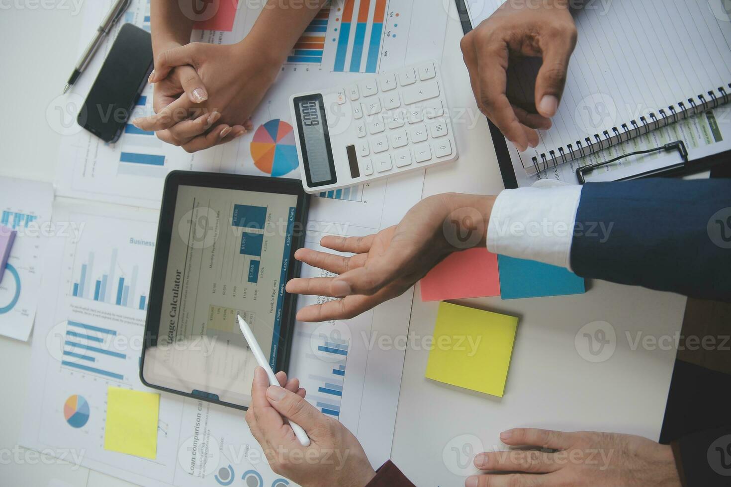 Entrepreneurs and business people conference in modern meeting room, happy multiracial coworkers have fun cooperating working together at office meeting, asian teamwork concept photo