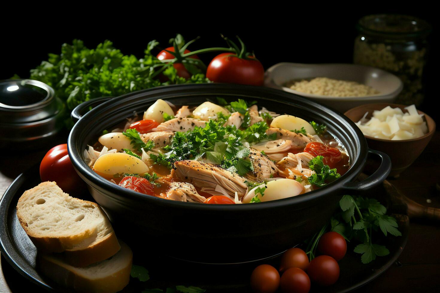 A delicious chicken soup food with vegetables in a bowl. Winter food and high protein soup meal concept by AI Generated photo