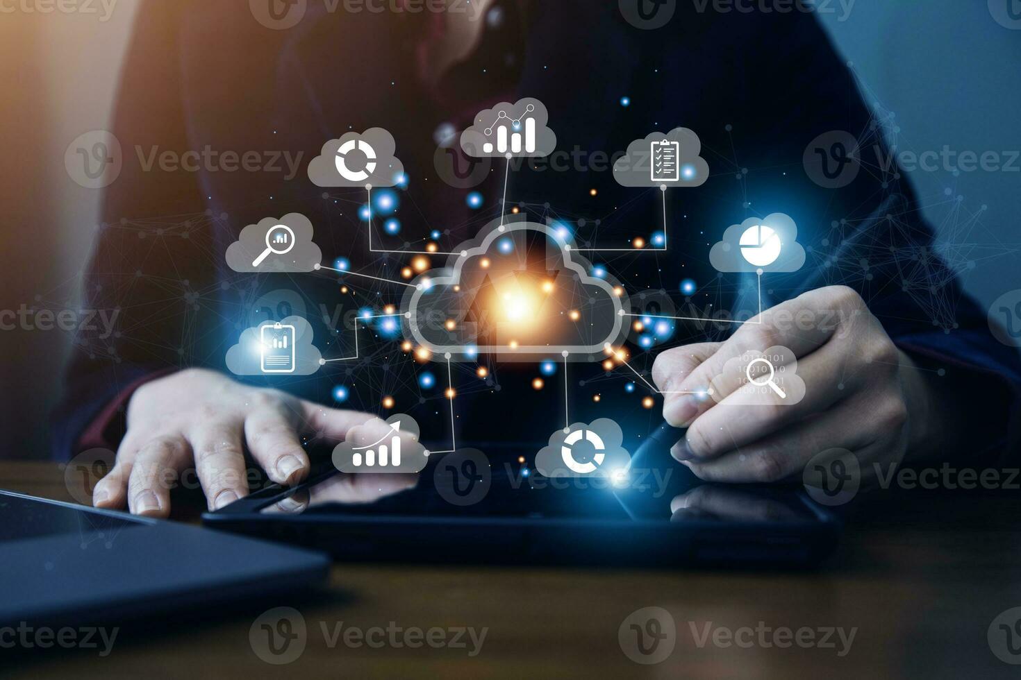man use Laptop with cloud computing diagram show on hand. Cloud technology. Data storage. Networking and internet service concept. photo