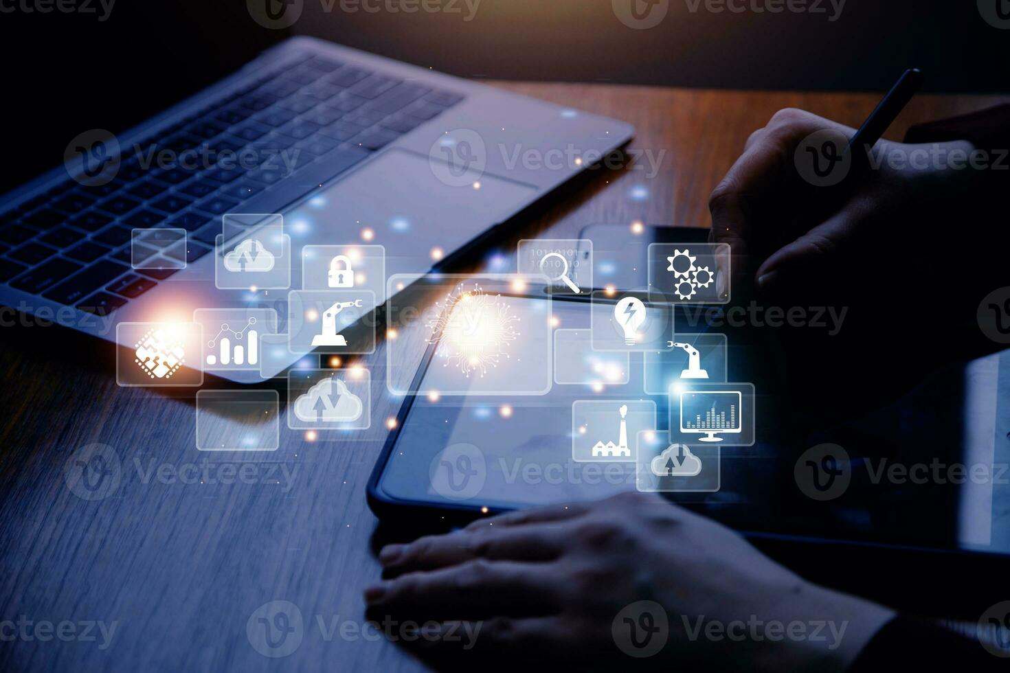 Big data analytics and business intelligence concept with chart and graph icons on a digital screen interface and a businessman in background photo