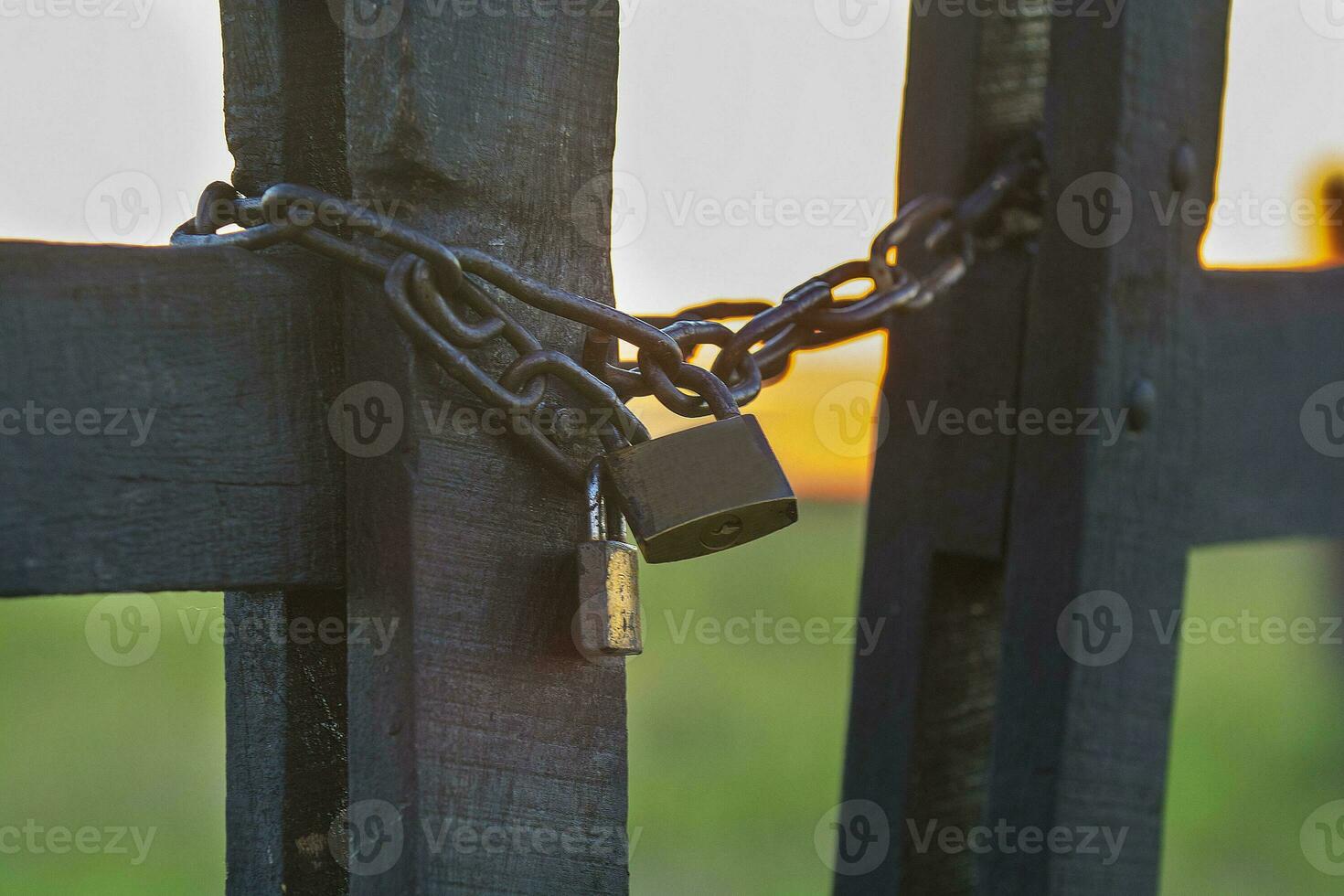 a chain and padlock on a wooden fence photo