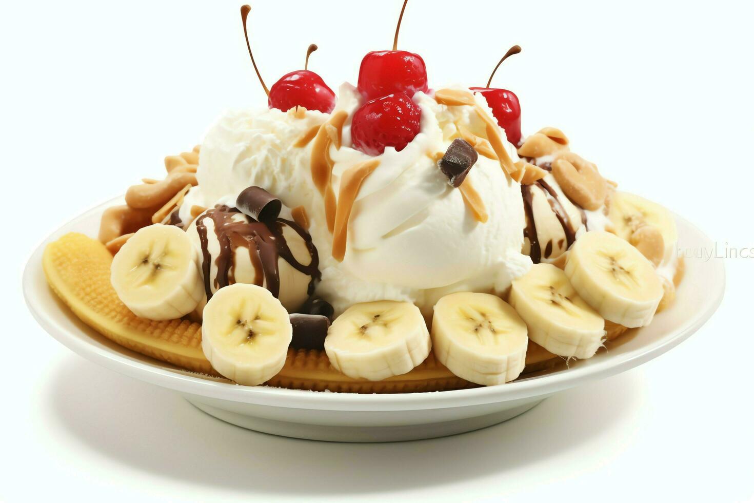 A delicious Banana split ice cream dessert with chocolate syrup. Banana split ice cream dessert by AI Generated photo