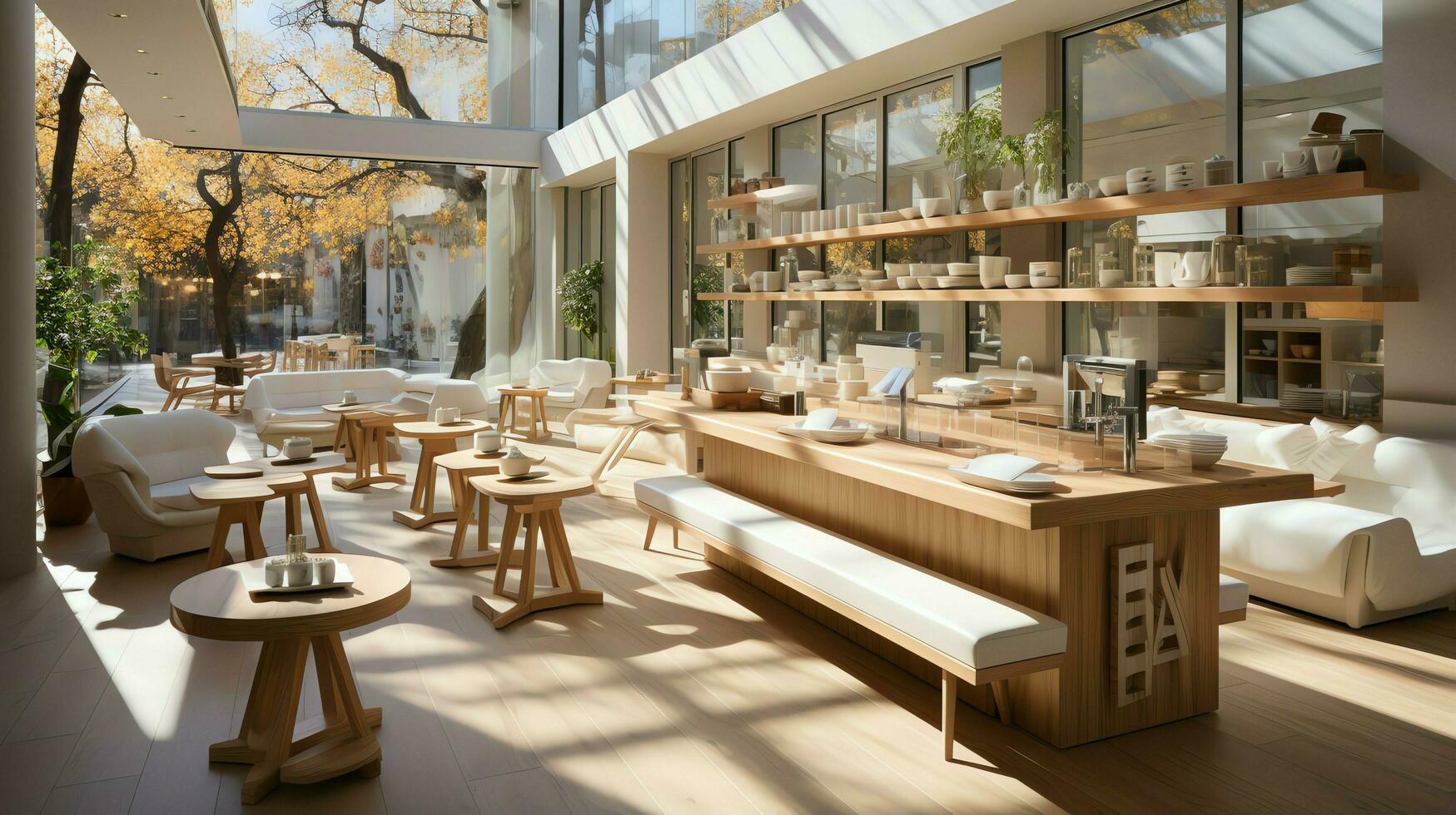 un magnífico restaurante o café tienda con moderno estilo y un de madera. interior de un restaurante concepto por ai generado foto