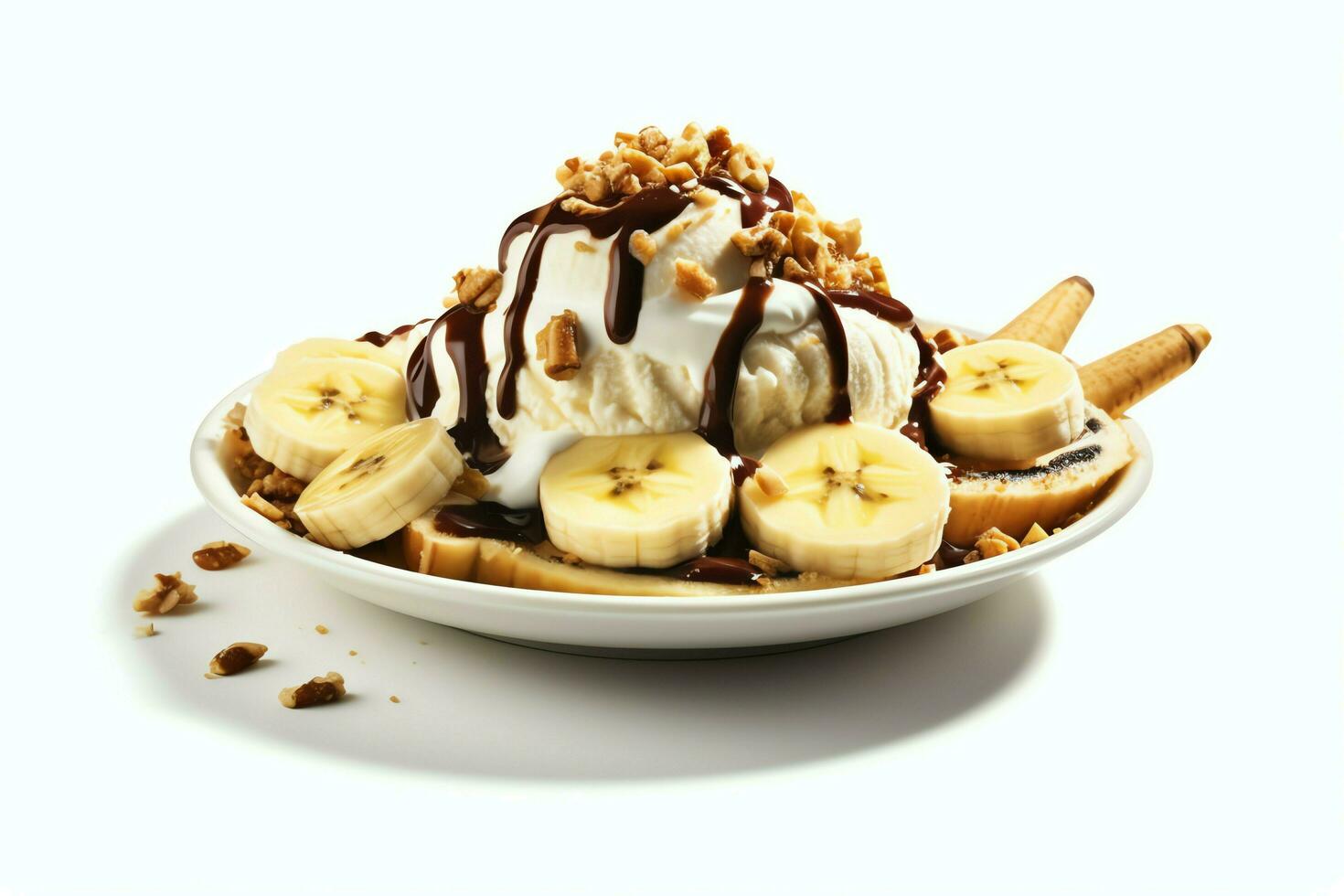 un delicioso plátano división hielo crema postre con chocolate jarabe. plátano división hielo crema postre por ai generado foto