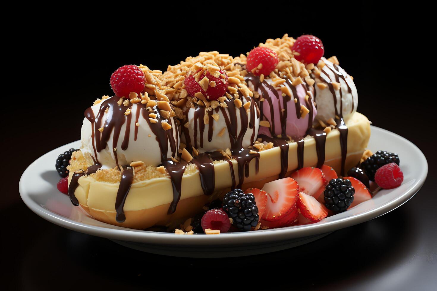 A delicious Banana split ice cream dessert with chocolate syrup. Banana split ice cream dessert by photo
