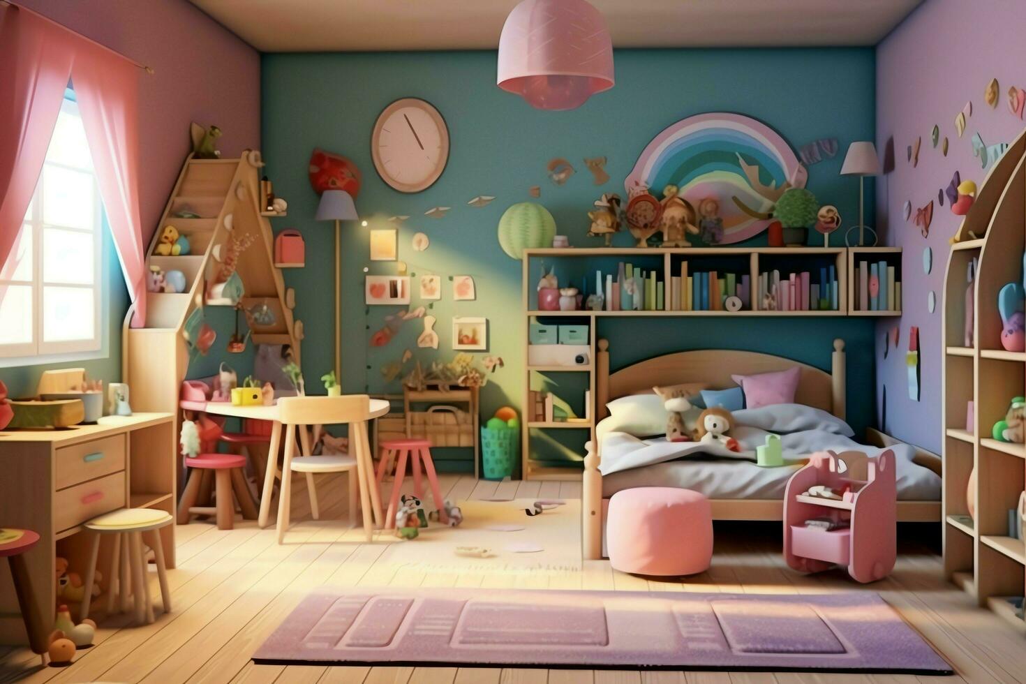 Modern child bedroom interior design in house with decoration children. Colorful children bedroom concept by AI Generated photo