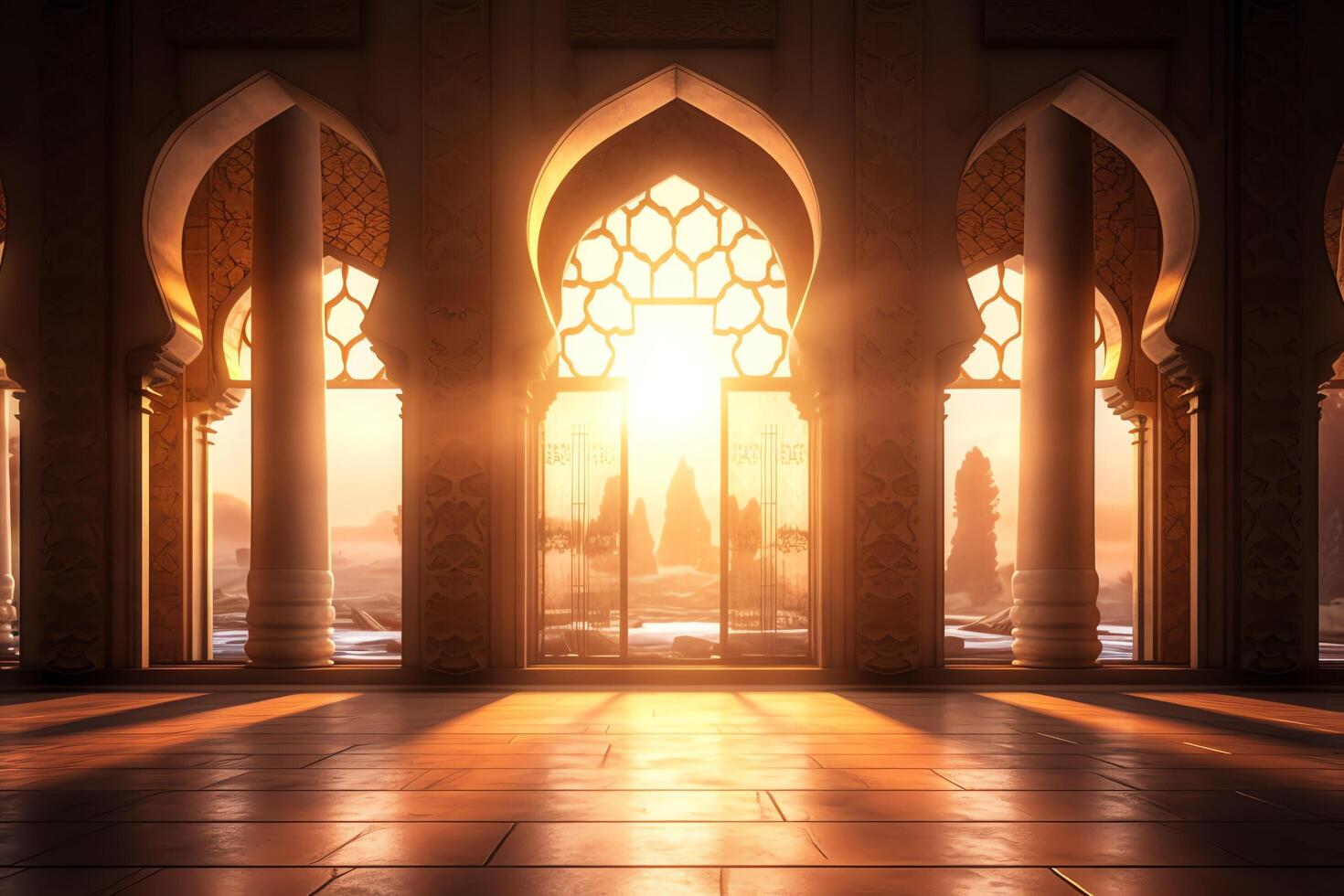 Eid mubarak and ramadan kareem greetings with islamic lantern and mosque. Eid al fitr background. Eid al fitr background of window concept by photo