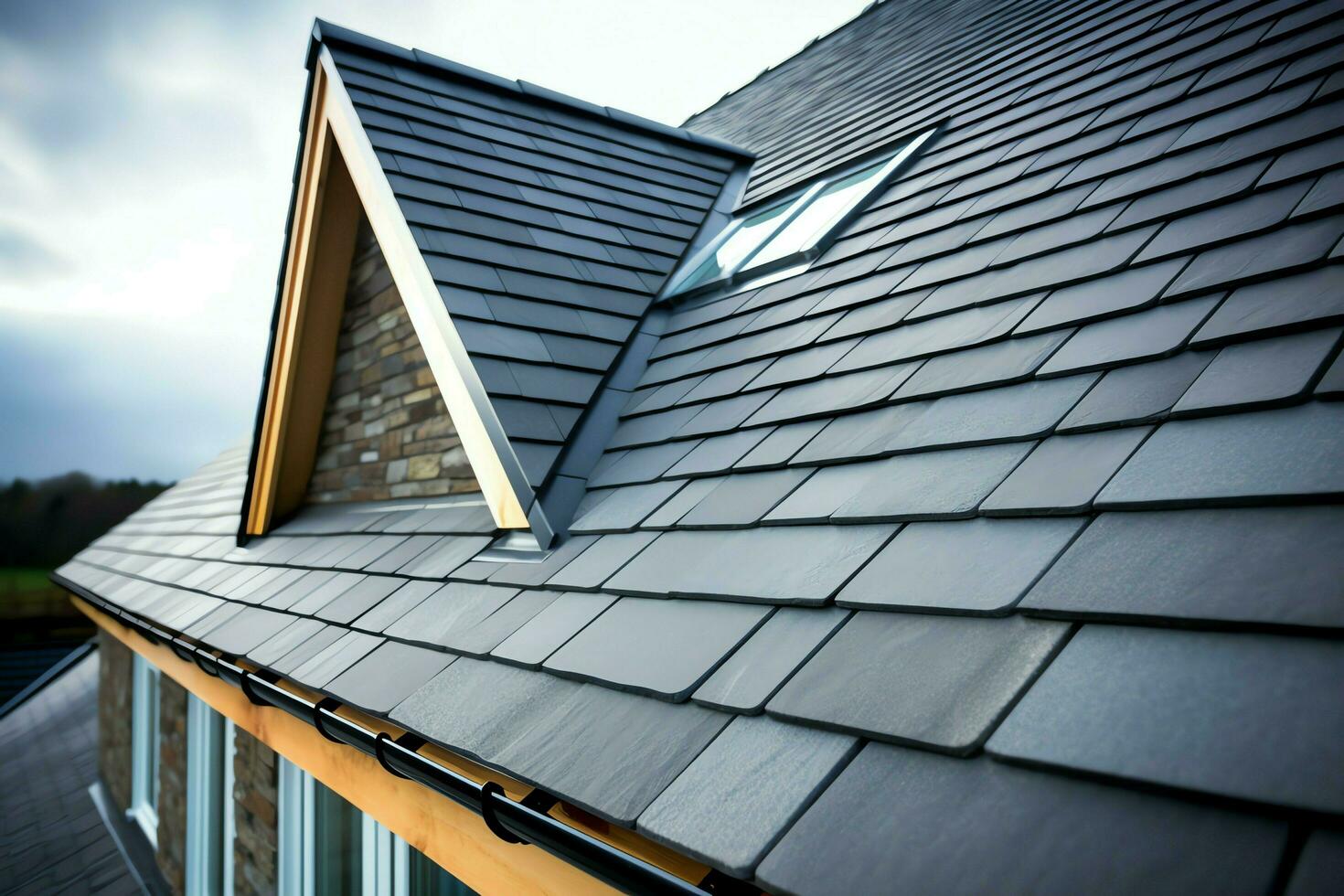 A modern private house is covered with metal tiles roofing or grey slate roof. Vintage curved frame concept by AI Generated photo