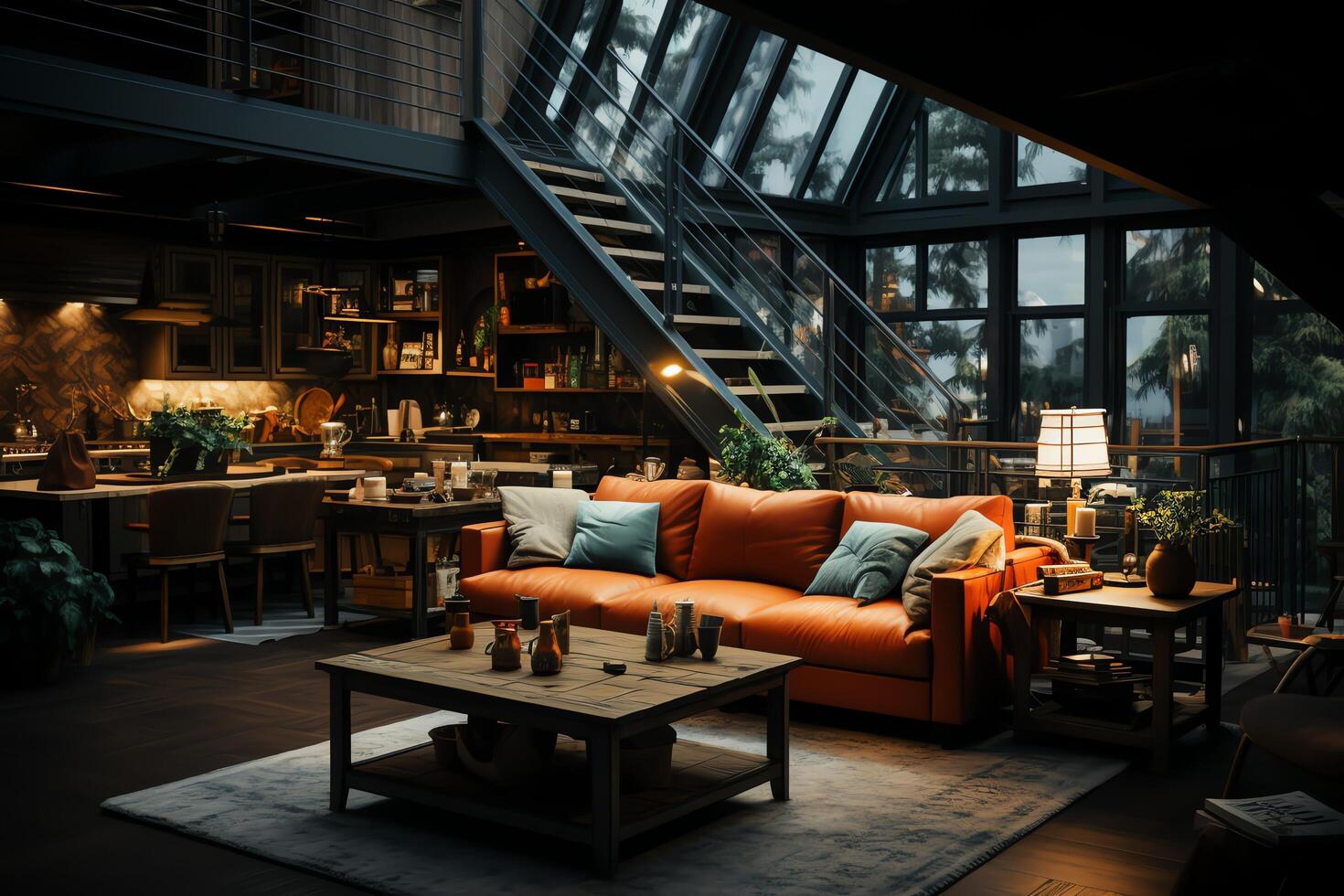 Modern apartment interior in living or bedroom design with working table, furniture, and bookshelf. Luxury home scandinavian concept by photo