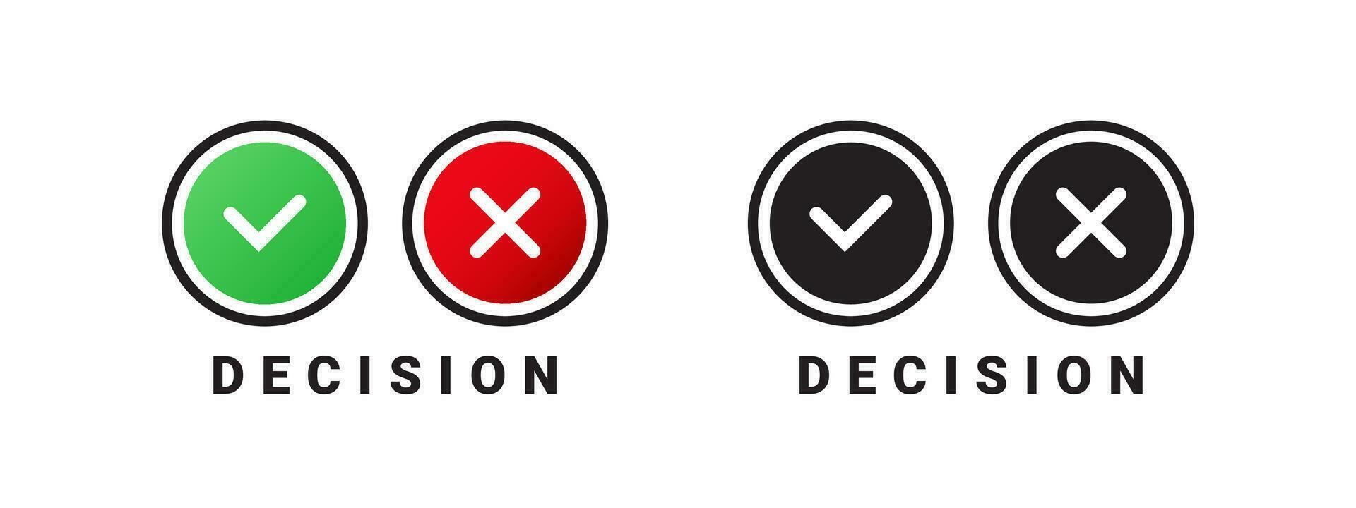 Round decision check marks. Green check mark, red cross mark icons. Vector scalable graphics