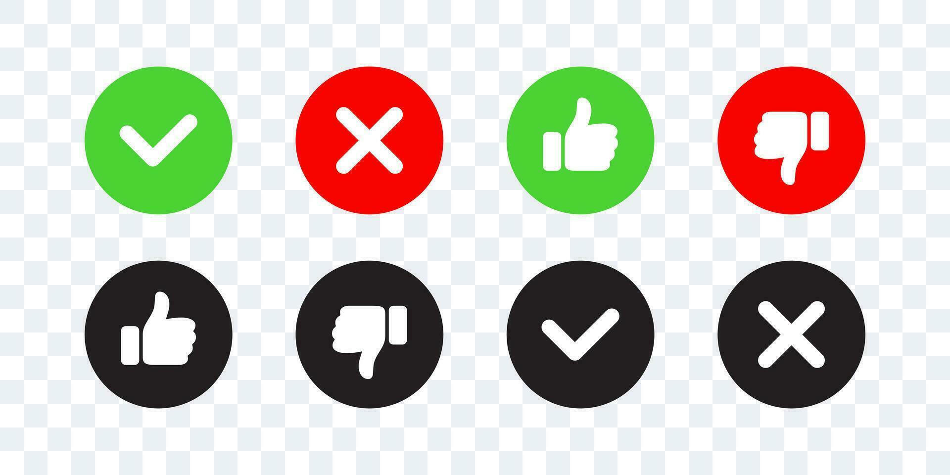 Check marks like and dislike. Green check mark, red cross mark icons. Vector scalable graphics