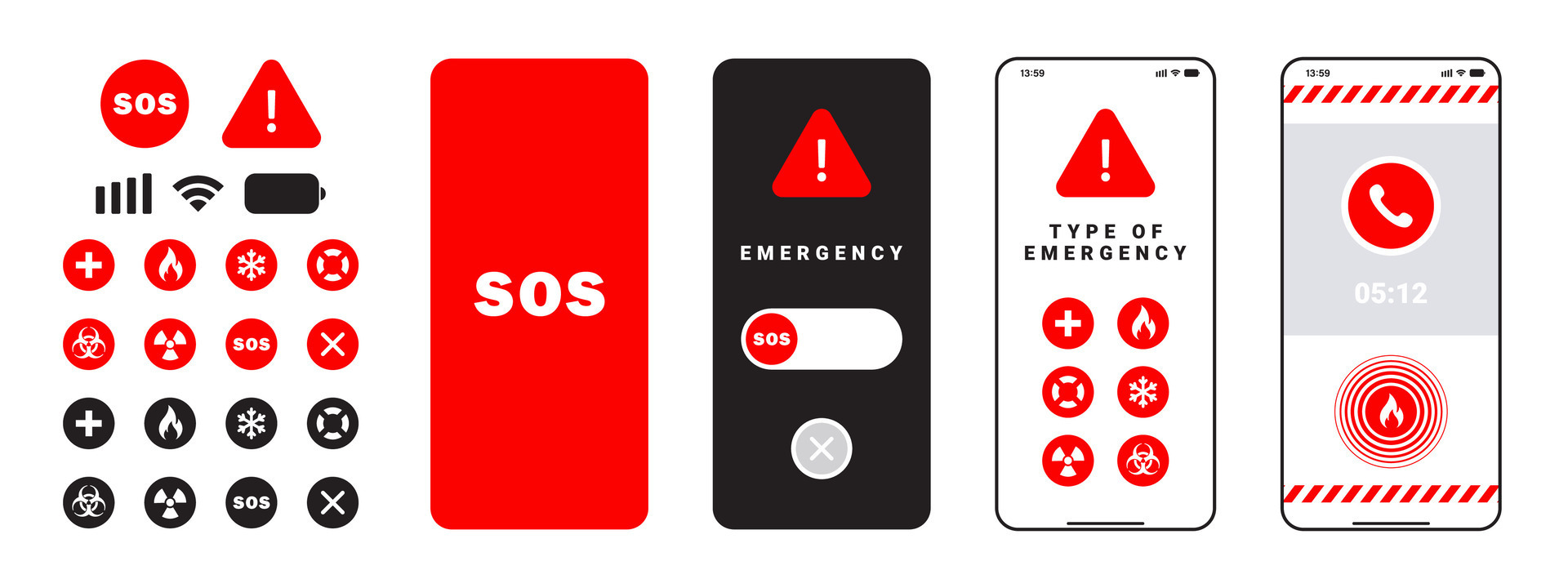 Emergency app interface. SOS interface. Interface icons. Vector