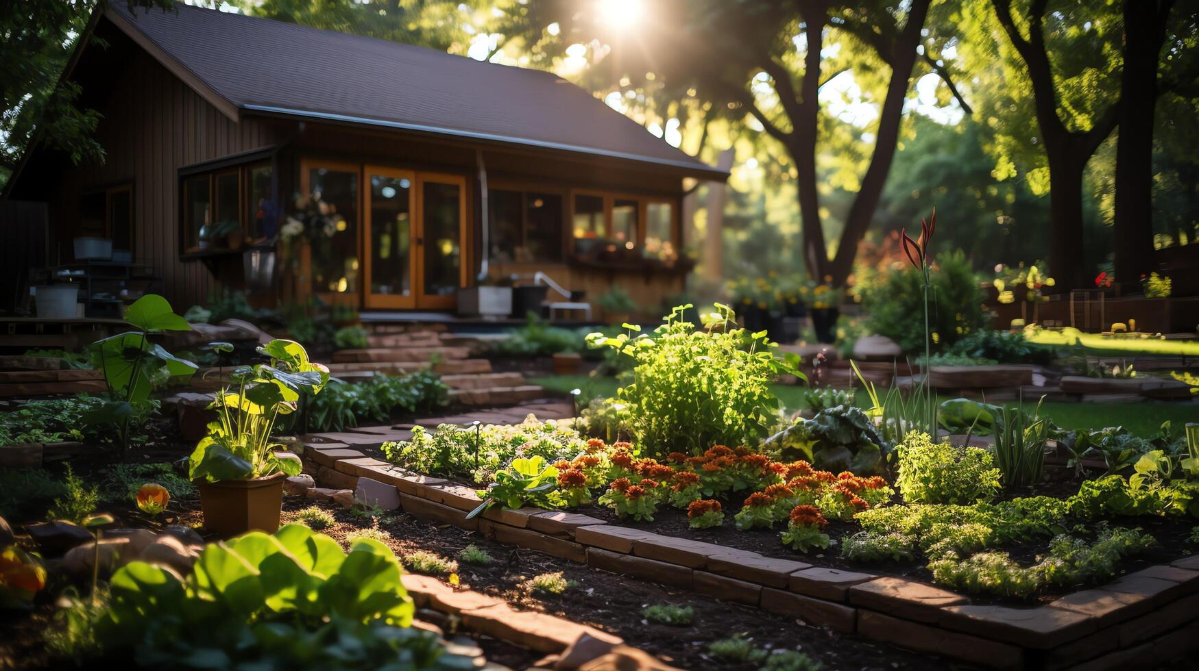 Wooden house in village with plants and flowers in backyard garden. Garden and flower on rural house concept by photo
