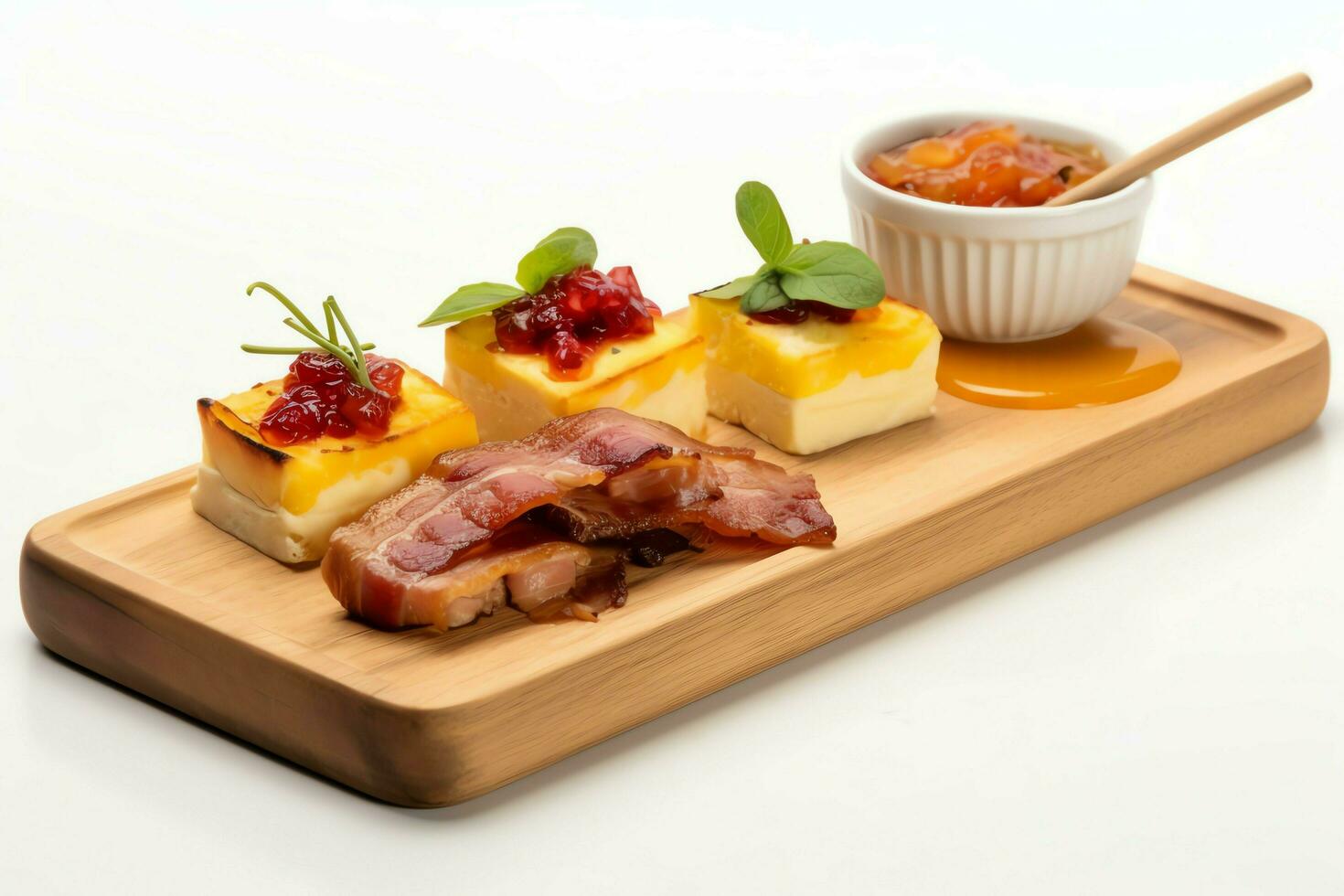 Pork belly braaivleis with mango and chili sauce served on a wooden plank. Restaurant food concept by AI Generated photo