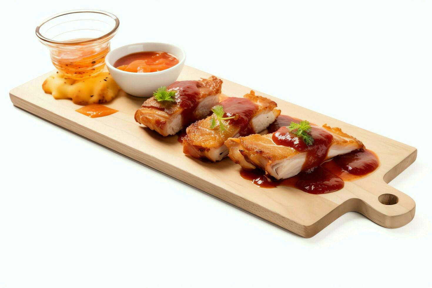 Pork belly braaivleis with mango and chili sauce served on a wooden plank. Restaurant food concept by AI Generated photo