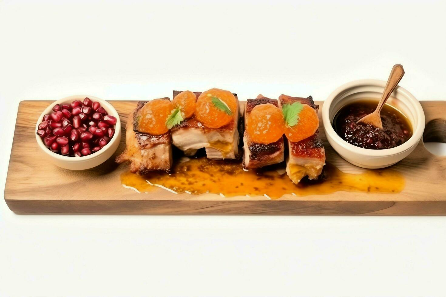 Pork belly braaivleis with mango and chili sauce served on a wooden plank. Restaurant food concept by AI Generated photo