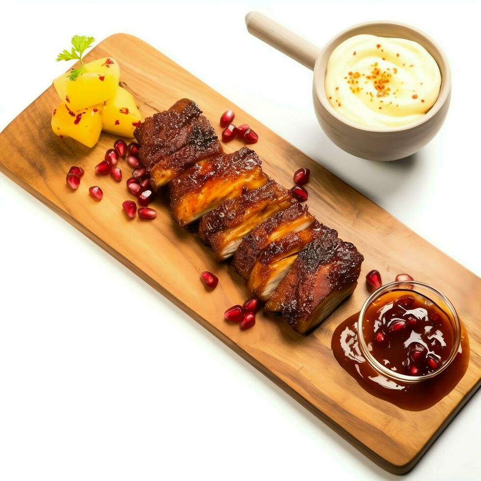 Pork belly braaivleis with mango and chili sauce served on a wooden plank. Restaurant food concept by AI Generated photo