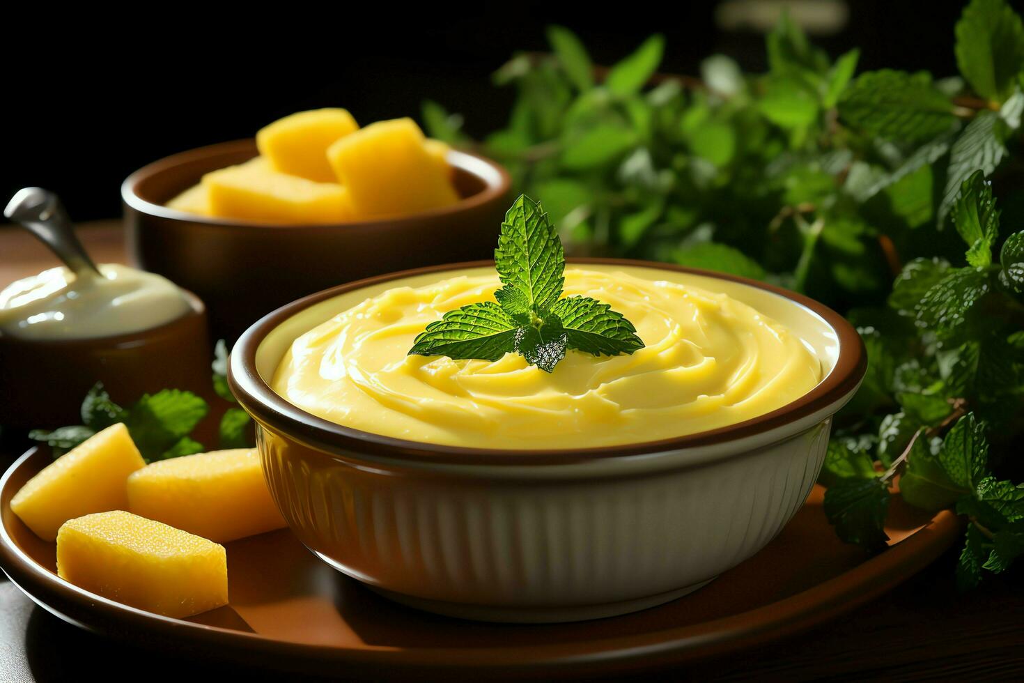 A delicious corn soup food with vegetables in a bowl. Winter food and high protein soup meal concept by AI Generated photo
