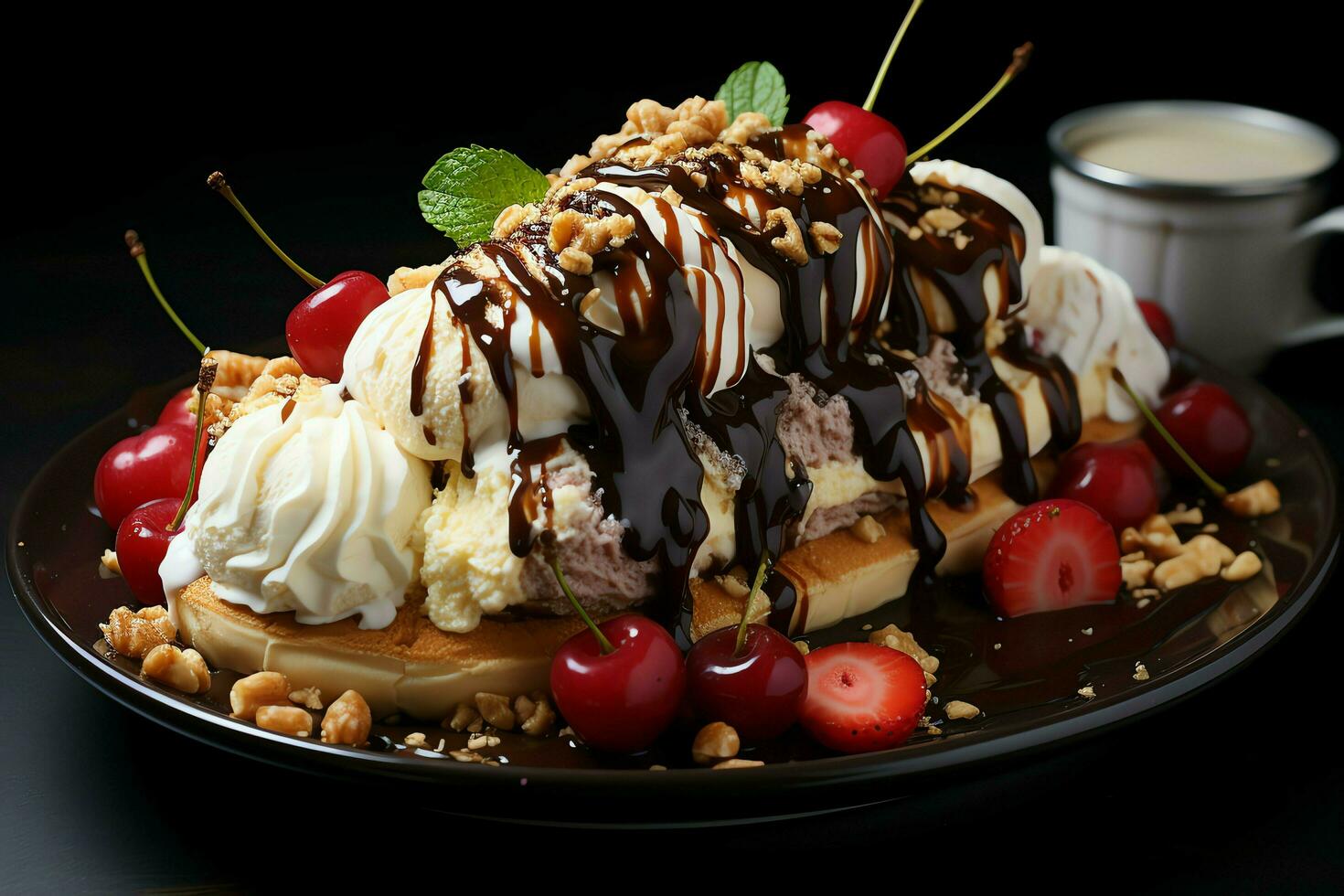 A delicious Banana split ice cream dessert with chocolate syrup. Banana split ice cream dessert by AI Generated photo