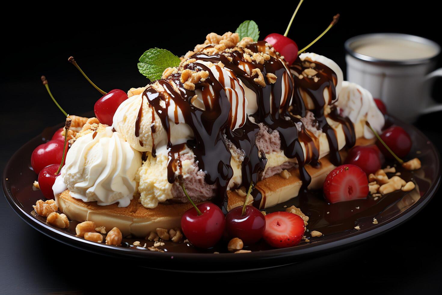 A delicious Banana split ice cream dessert with chocolate syrup. Banana split ice cream dessert by photo