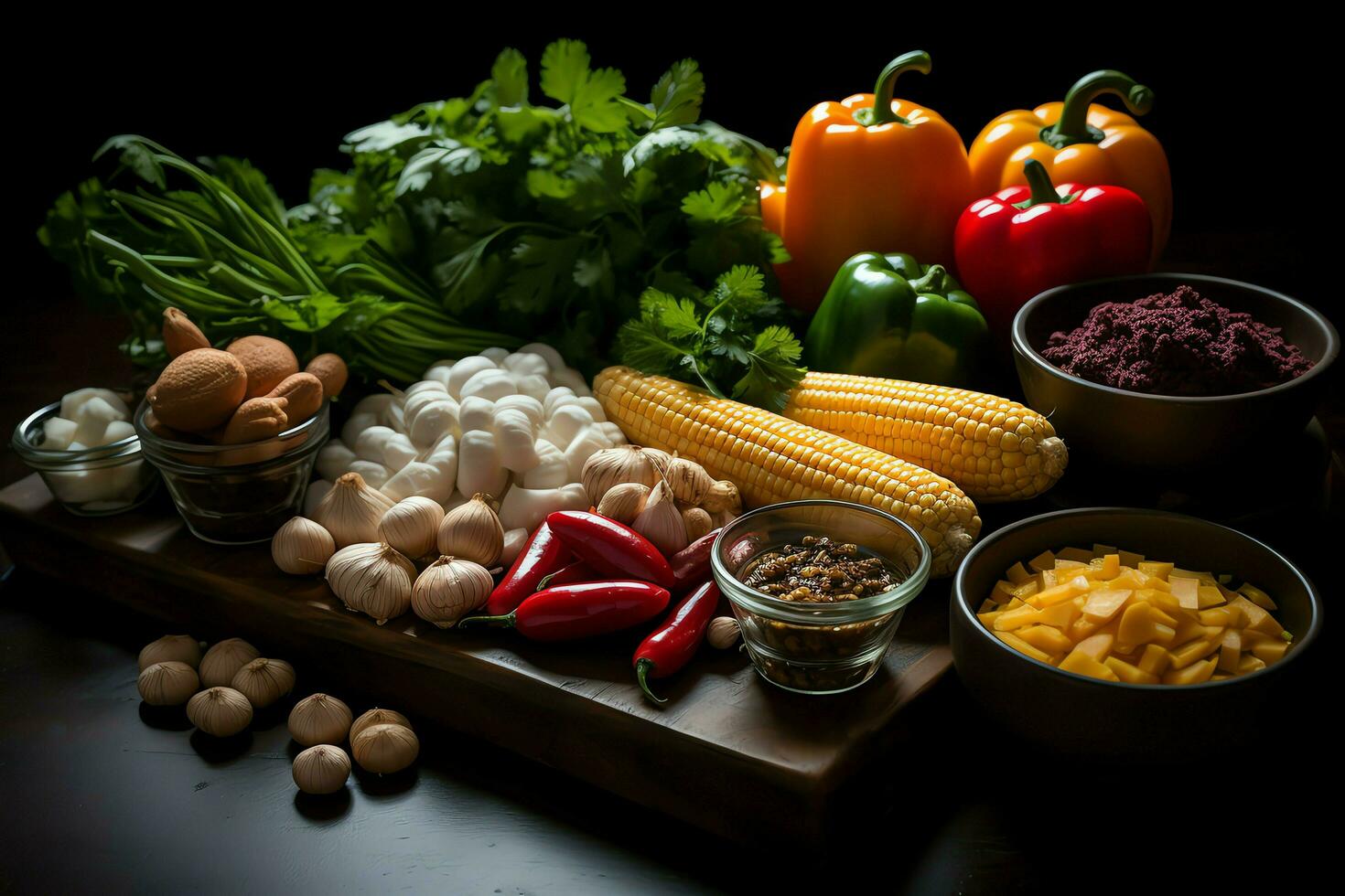 colección mezcla Fresco vegetales y frutas para un ensalada. sano dieta concepto y vegetales comida por ai generado foto