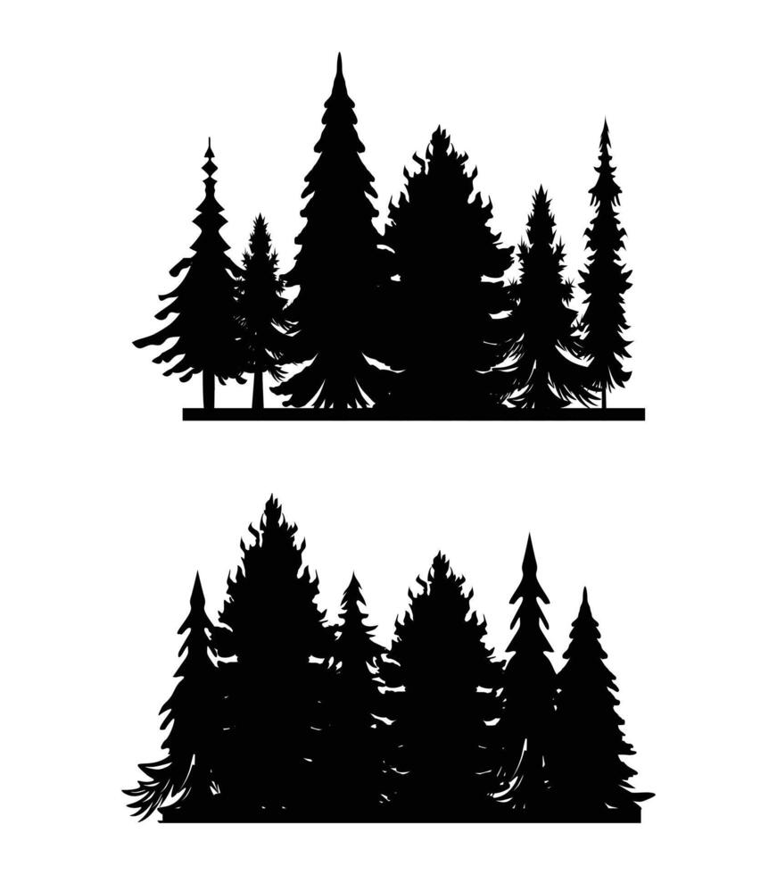 Vintage different pine trees and forest silhouettes set isolated on white background vector illustration