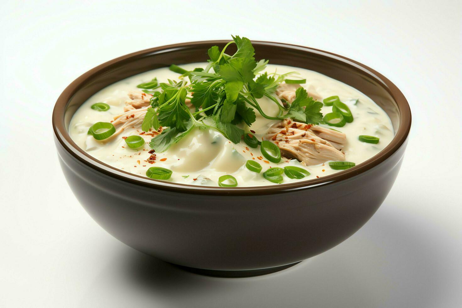 A delicious chicken soup food with vegetables in a bowl. Winter food and high protein soup meal concept by AI Generated photo