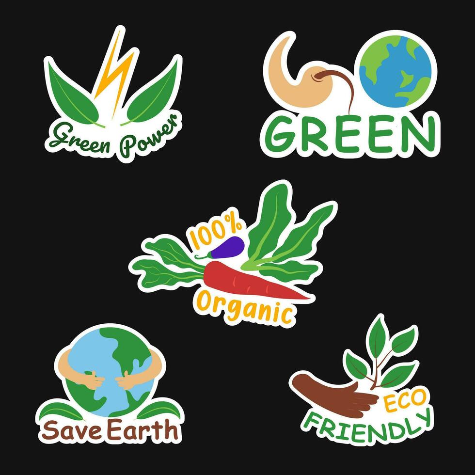 Eco Friendly and Environment Stickers Set 1 of Go green, green power, organic, save earth vector