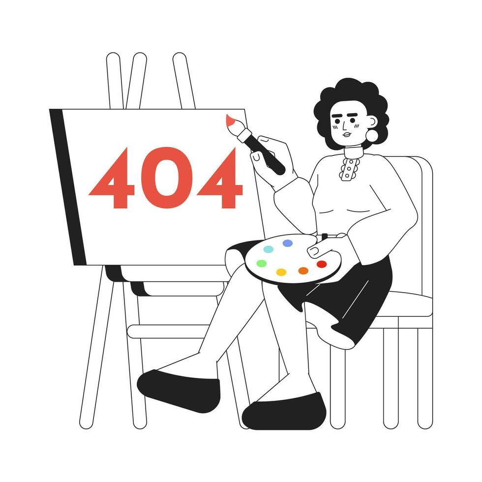 African american woman painting black white error 404 flash message. Color palette. Monochrome empty state ui design. Page not found popup cartoon image. Vector flat outline illustration concept