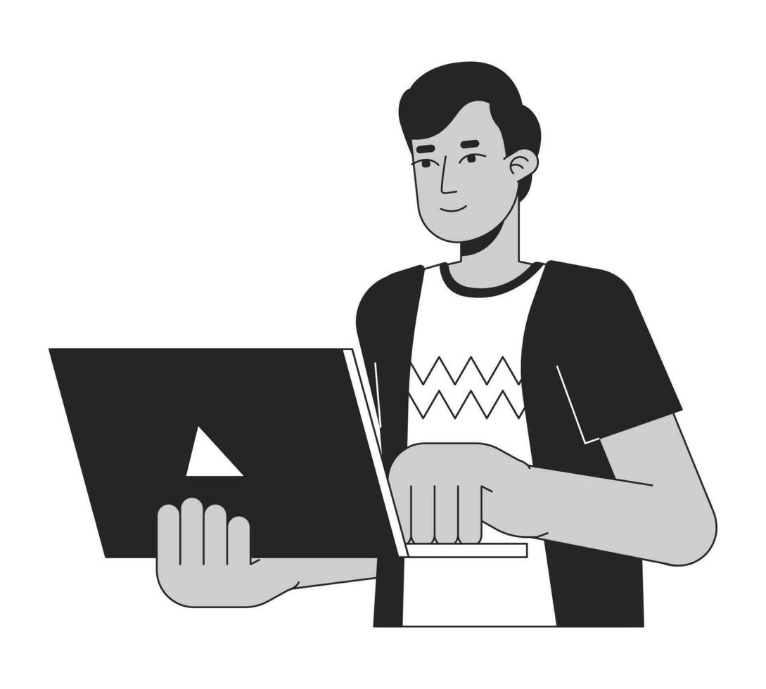 Indian man programming flat line black white vector character. Editable outline half body guy holding laptop and performing tasks. Simple cartoon isolated spot illustration for web graphic design