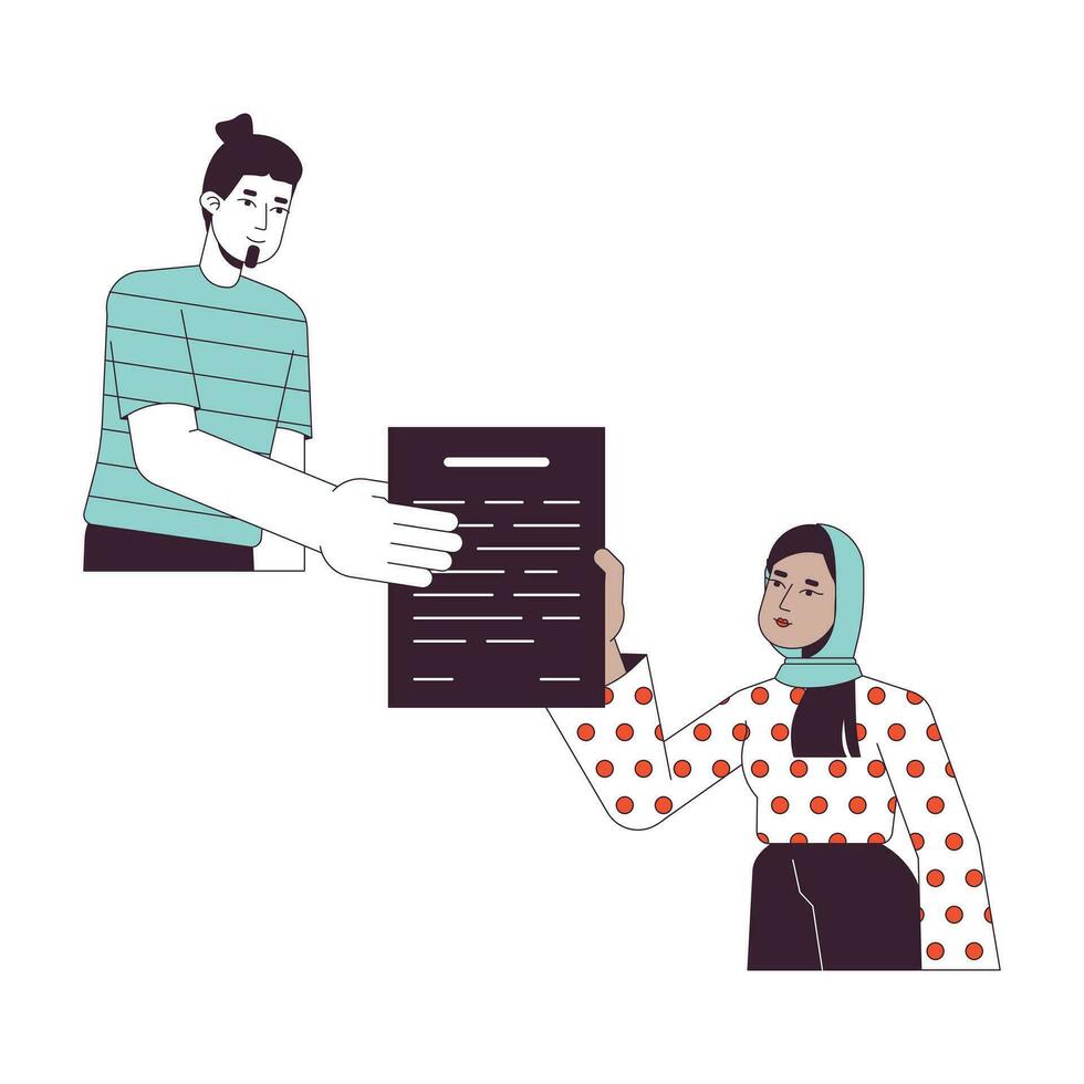 joven hombre dar documento a mujer en hijab plano línea concepto vector Mancha ilustración. intercambiar información 2d dibujos animados contorno caracteres en blanco para web ui diseño. editable aislado color héroe imagen