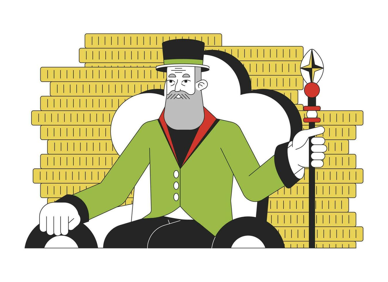 Rich man flat line color vector character. Male in suit and hat holding staff. Editable outline full body person on white. Simple cartoon spot illustration for web graphic design