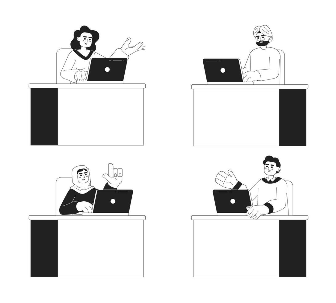 Multicultural workers at office semi monochrome concept vector spot illustrations set. People sitting at desk 2D flat bw cartoon characters for web UI design. Isolated editable creative hero image