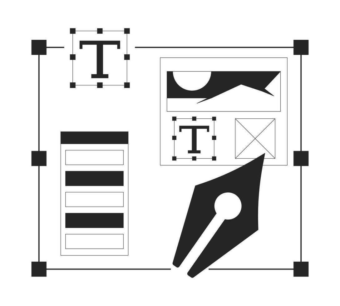 gráfico diseñador software plano monocromo aislado vector objeto. texto, color paleta y bolígrafo punta. editable negro y blanco línea Arte dibujo. sencillo contorno Mancha ilustración para web gráfico diseño