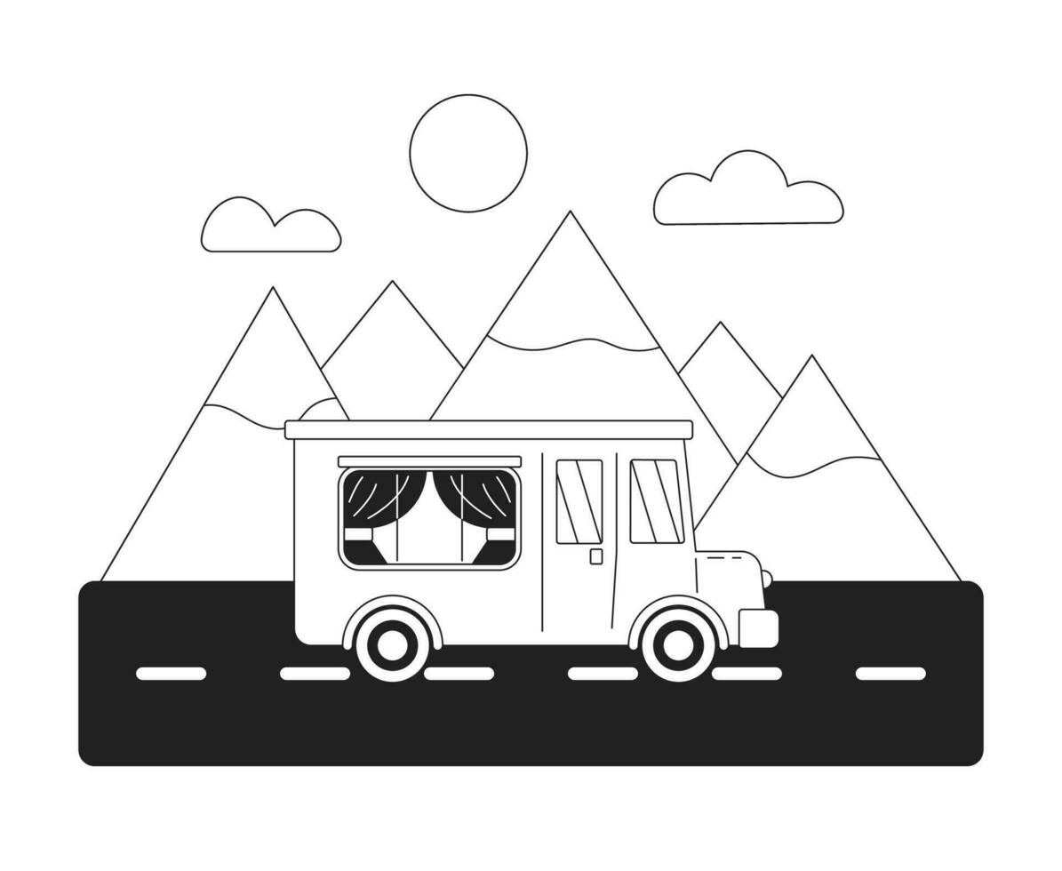 cómodo autobús montando a el montañas monocromo plano vector objeto. cámping camioneta. editable negro y blanco Delgado línea icono. sencillo dibujos animados acortar Arte Mancha ilustración para web gráfico diseño