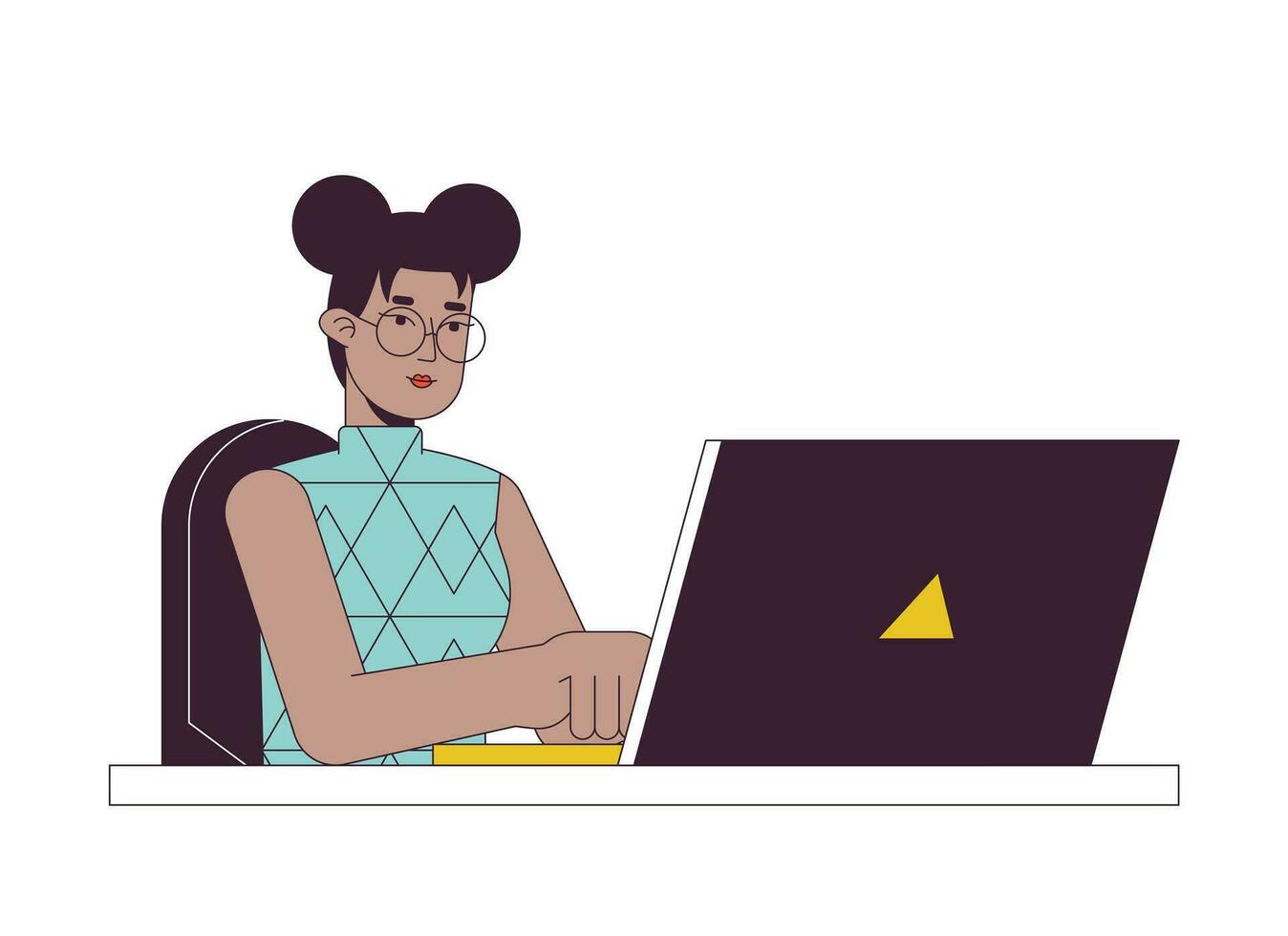 Concentrated woman working on laptop flat line color vector character. Editable outline half body freelancer at office on white. Simple cartoon spot illustration for web graphic design