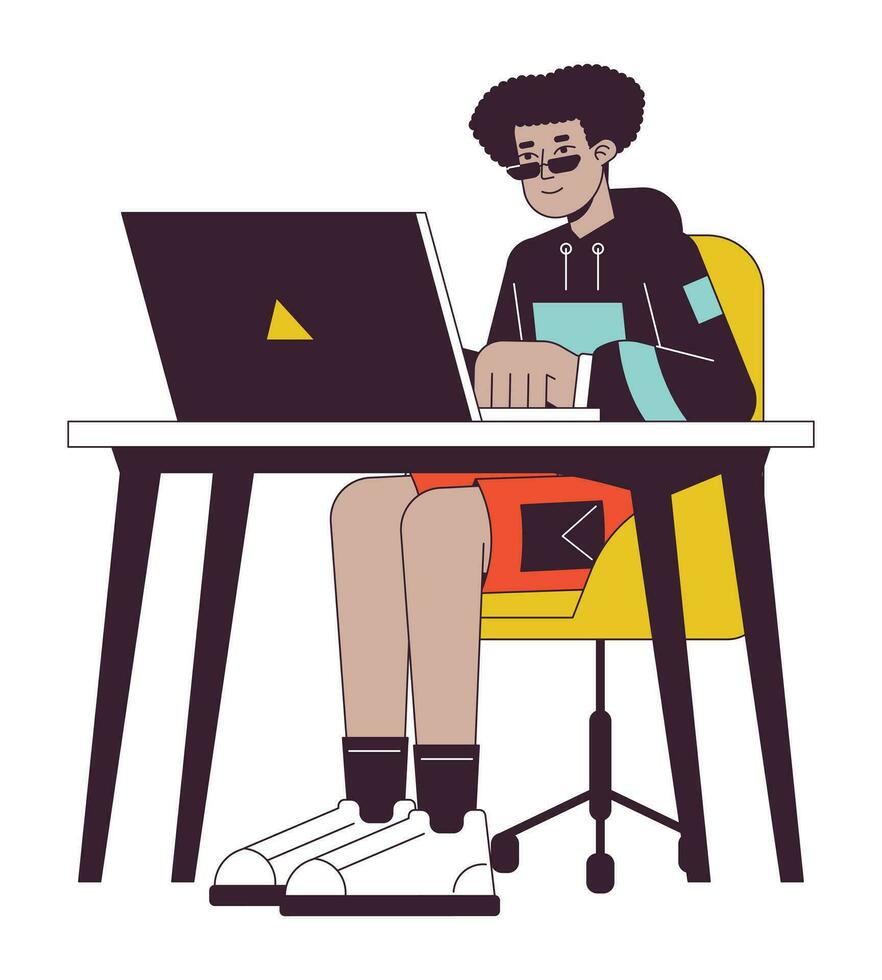 Happy latin man at office flat line concept vector spot illustration. Freelancer typing on laptop 2D cartoon outline character on white for web UI design. Editable isolated color hero image