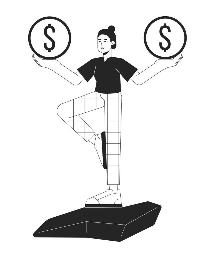 mujer equilibrio con monedas en manos plano línea negro blanco vector personaje. editable contorno lleno cuerpo dama en pie en yoga pose. sencillo dibujos animados aislado Mancha ilustración para web gráfico diseño