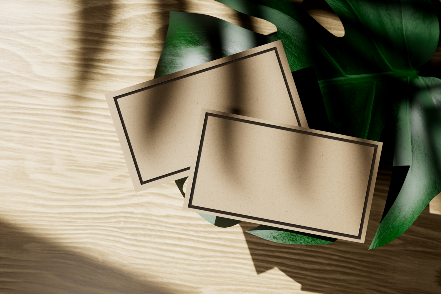 Craft paper business cards, eco style 3d rendered mock-up scene. psd