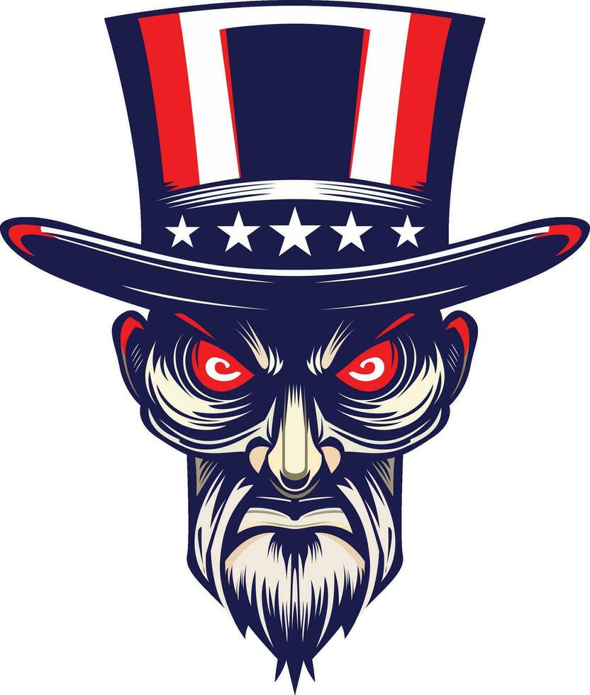 Evil Uncle Sam vector illustration , Uncle Sam in US flag colors , hat with stars and USA flag colors stock vector image, Evil old man in US flag design stock vector