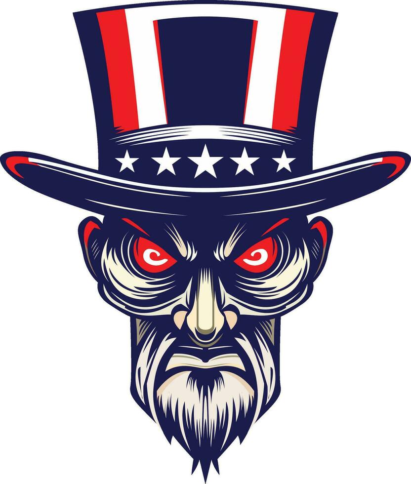 Evil Uncle Sam vector illustration , Uncle Sam in US flag colors , hat with stars and USA flag colors stock vector image, Evil old man in US flag design stock vector