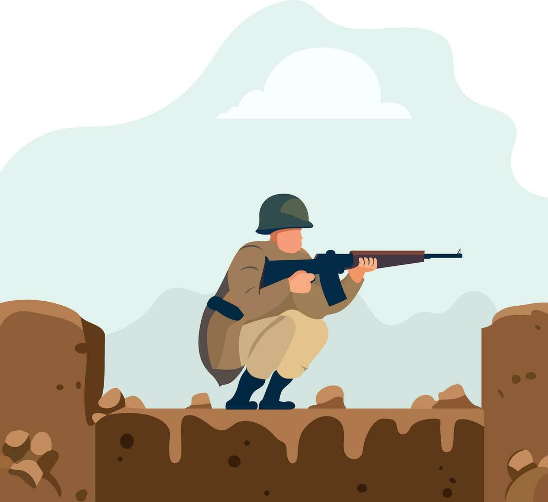 soldado en primera línea zanja plano estilo vector ilustración, agachado soldado a guerra en zanja valores vector ilustración