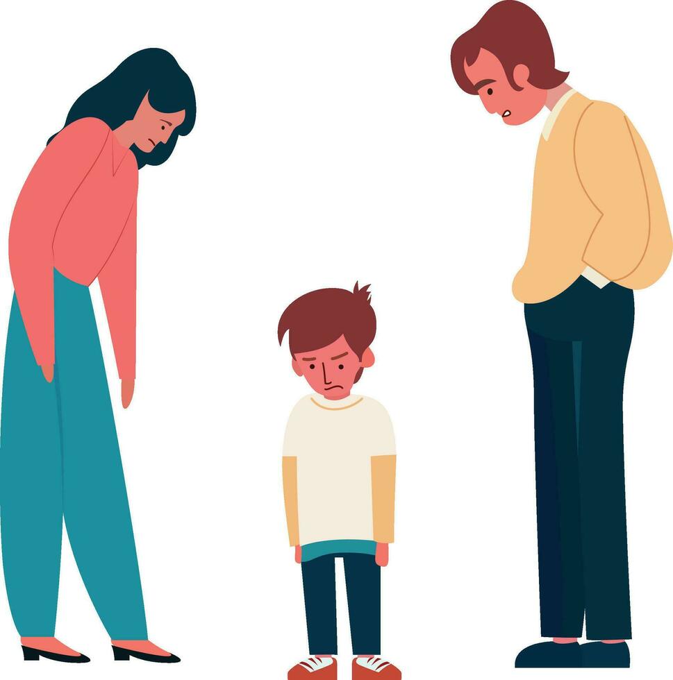 padres regaño niño plano estilo vector ilustración, madre y padre argumento con triste niño mirando abajo , padres discutiendo con un niño plano valores vector imagen