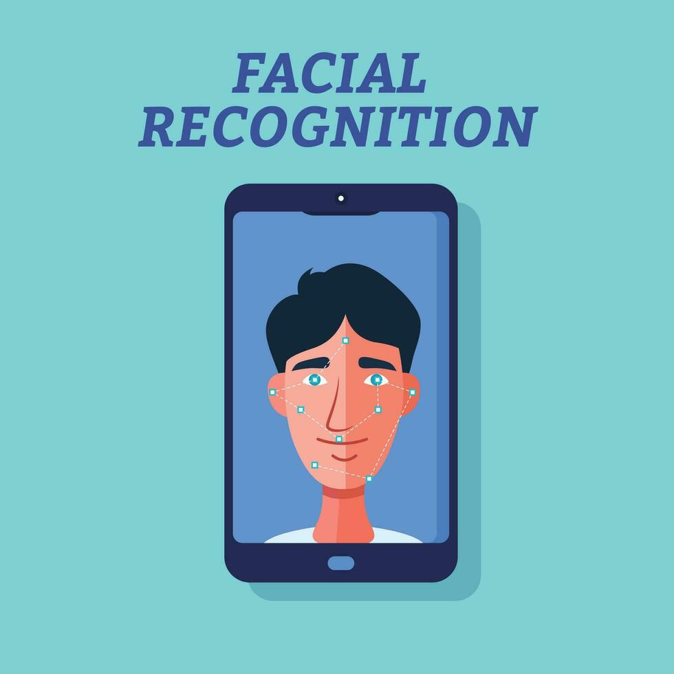 facial reconocimiento inteligente teléfono concepto plano estilo vector ilustración, cara reconocimiento biometría característica en inteligente teléfono o tableta valores vector imagen